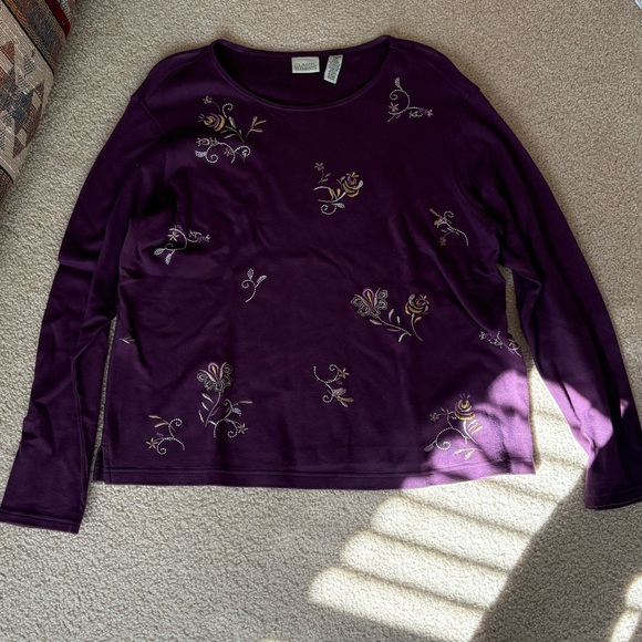 Classic Elements Tops - Classic Elements Purple Floral Embroidered Long Sleeve Top (Size: Women’s XL)